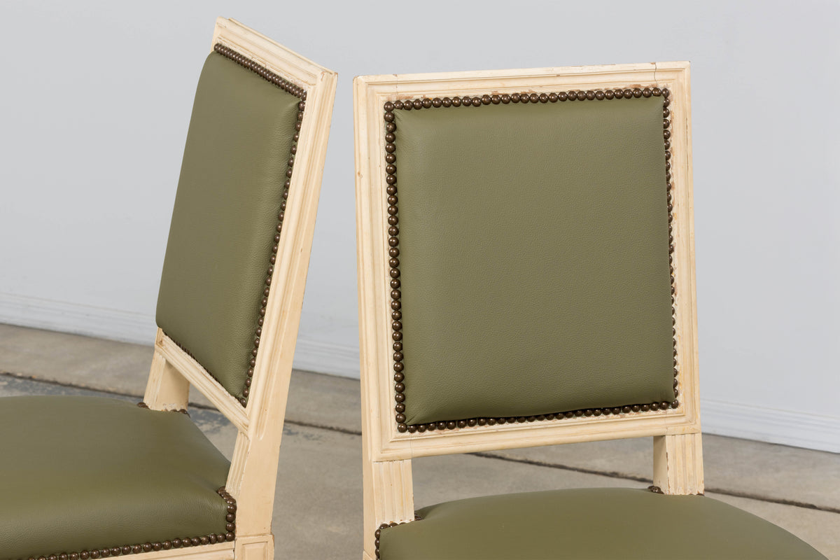 Antique French Louis XVI Style Painted Dining Chairs in Olive Green Leather - Set of 8
