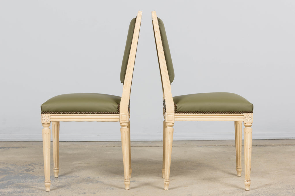 Antique French Louis XVI Style Painted Dining Chairs in Olive Green Leather - Set of 8