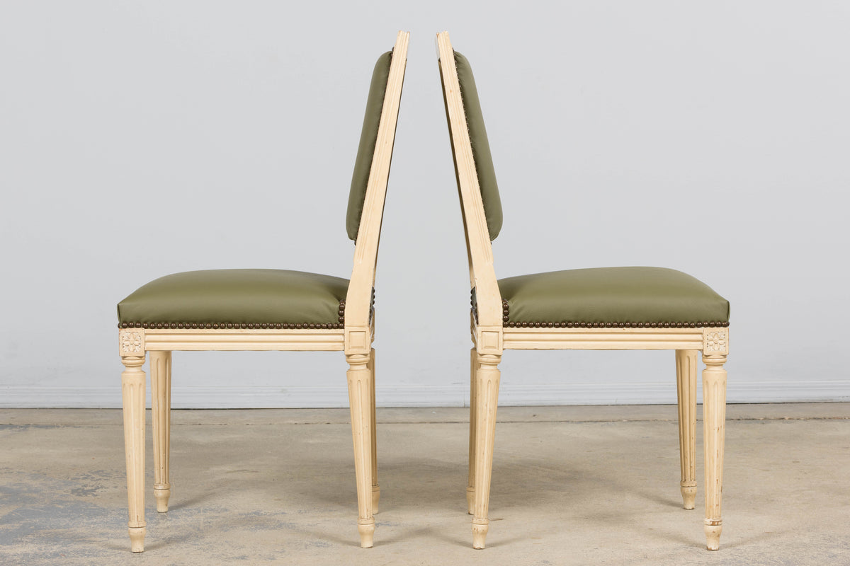 Antique French Louis XVI Style Painted Dining Chairs in Olive Green Leather - Set of 8