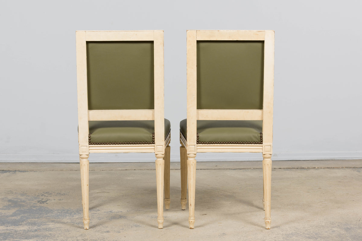 Antique French Louis XVI Style Painted Dining Chairs in Olive Green Leather - Set of 8