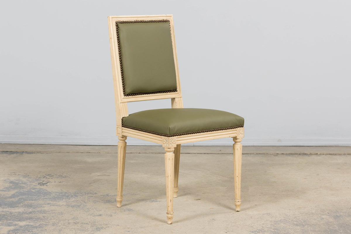 Antique French Louis XVI Style Painted Dining Chairs in Olive Green Leather - Set of 8