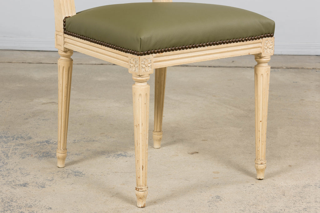 Antique French Louis XVI Style Painted Dining Chairs in Olive Green Leather - Set of 8