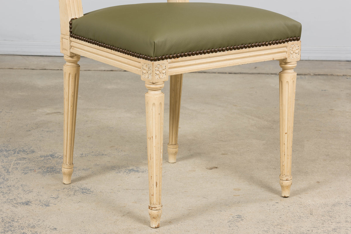Antique French Louis XVI Style Painted Dining Chairs in Olive Green Leather - Set of 8