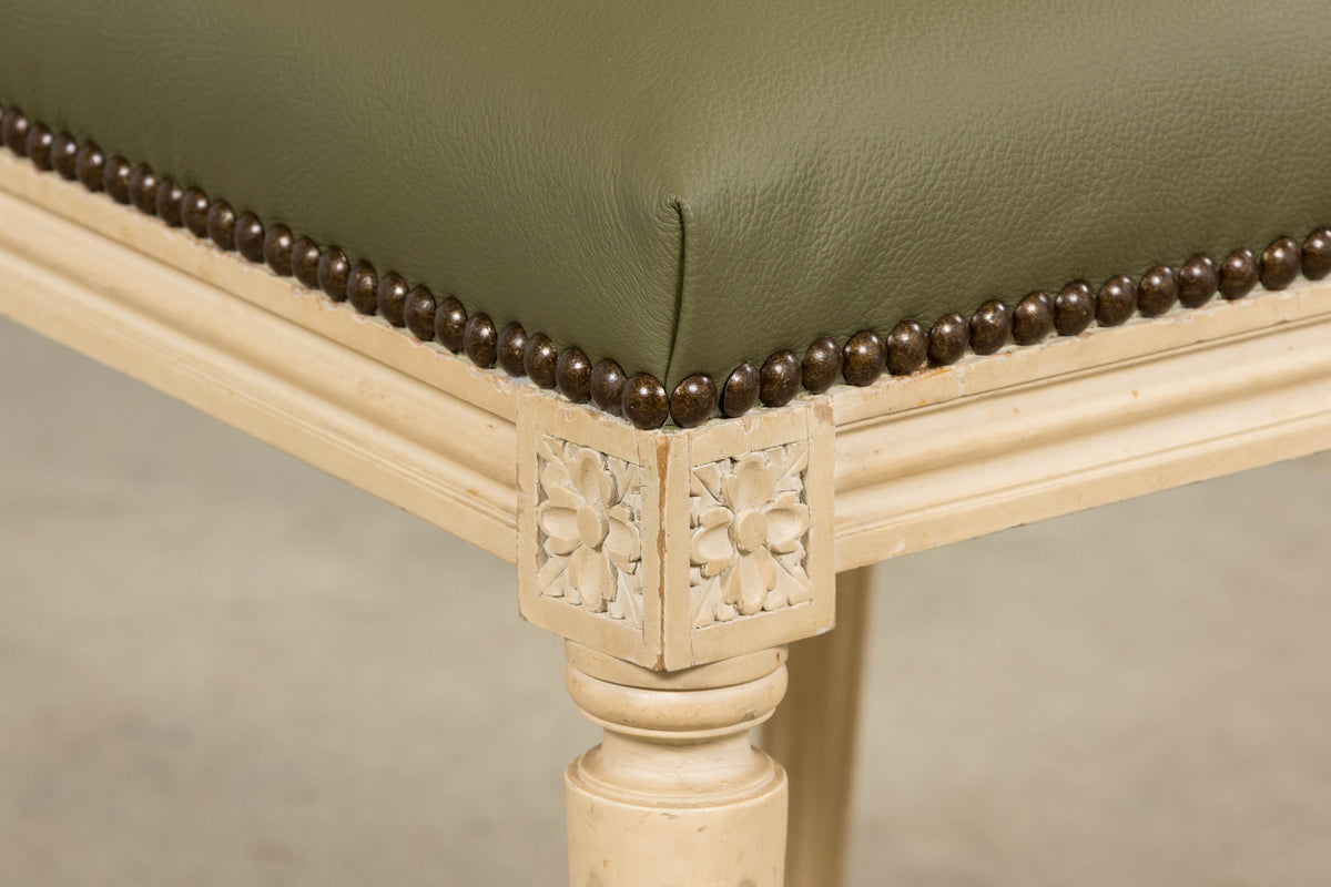 Antique French Louis XVI Style Painted Dining Chairs in Olive Green Leather - Set of 8