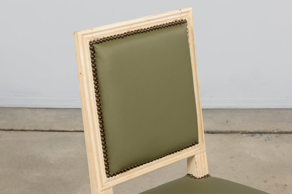 Antique French Louis XVI Style Painted Dining Chairs in Olive Green Leather - Set of 8
