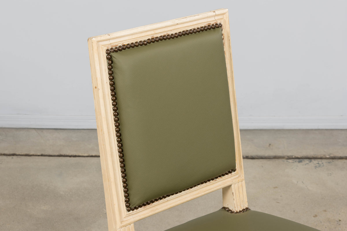 Antique French Louis XVI Style Painted Dining Chairs in Olive Green Leather - Set of 8