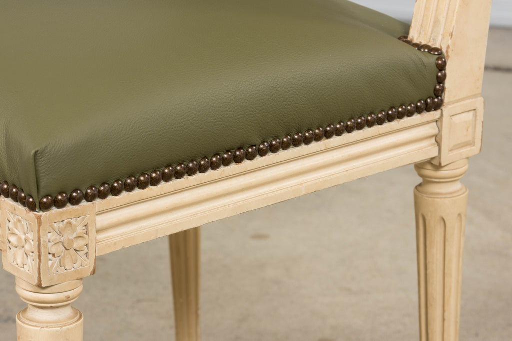 Antique French Louis XVI Style Painted Dining Chairs in Olive Green Leather - Set of 8