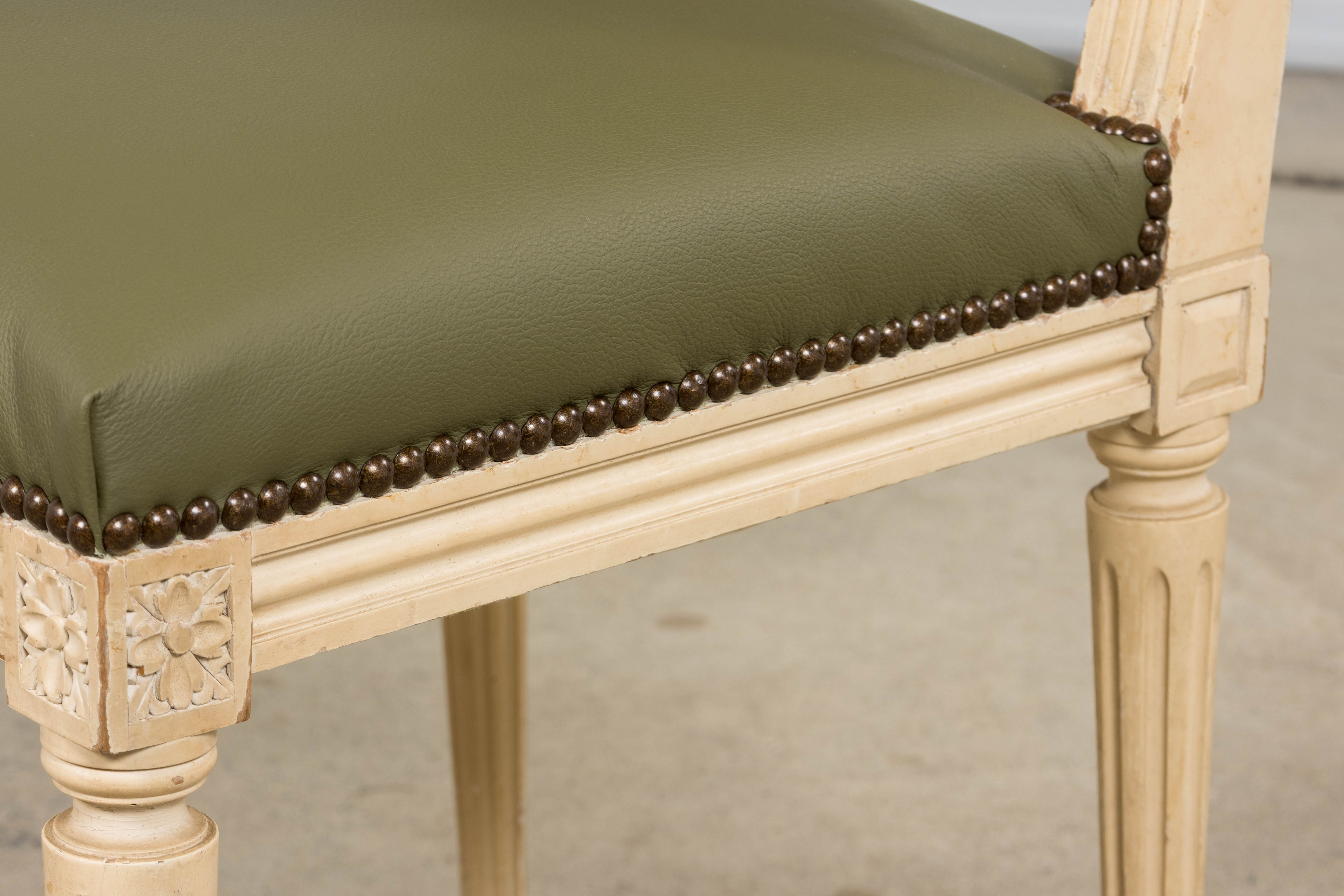 Antique French Louis XVI Style Painted Dining Chairs in Olive Green Leather - Set of 8