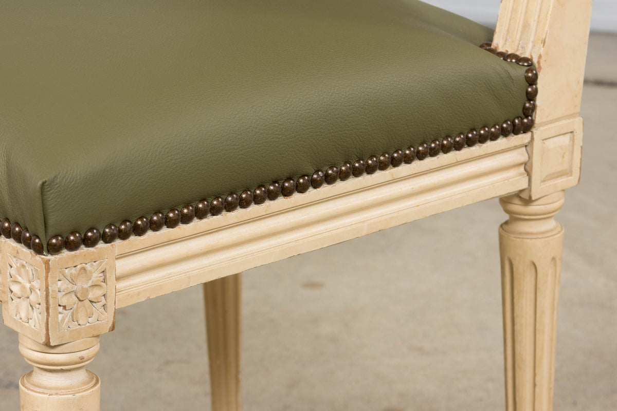 Antique French Louis XVI Style Painted Dining Chairs in Olive Green Leather - Set of 8