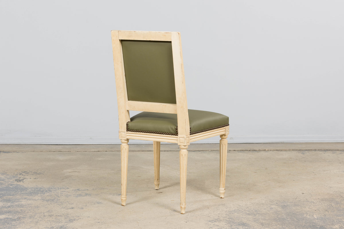 Antique French Louis XVI Style Painted Dining Chairs in Olive Green Leather - Set of 8