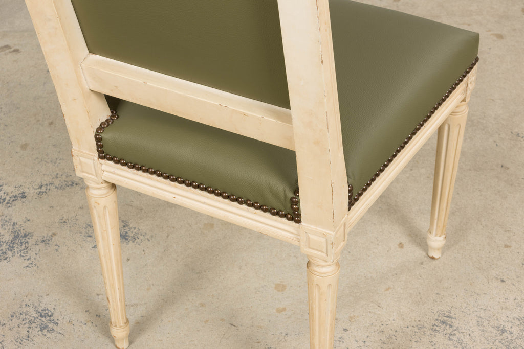 Antique French Louis XVI Style Painted Dining Chairs in Olive Green Leather - Set of 8