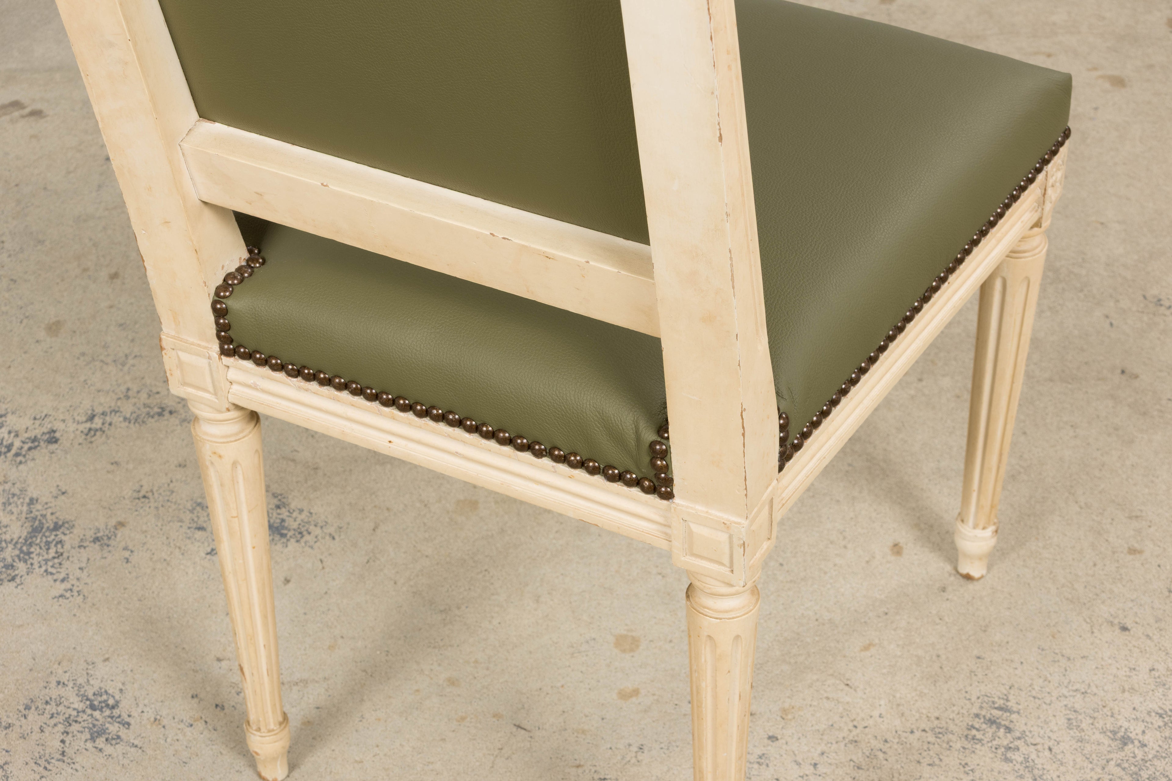 Antique French Louis XVI Style Painted Dining Chairs in Olive Green Leather - Set of 8