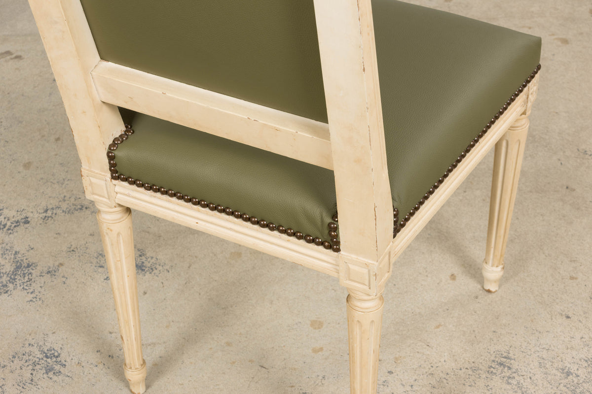 Antique French Louis XVI Style Painted Dining Chairs in Olive Green Leather - Set of 8