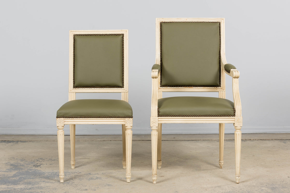 Antique French Louis XVI Style Painted Dining Chairs in Olive Green Leather - Set of 8