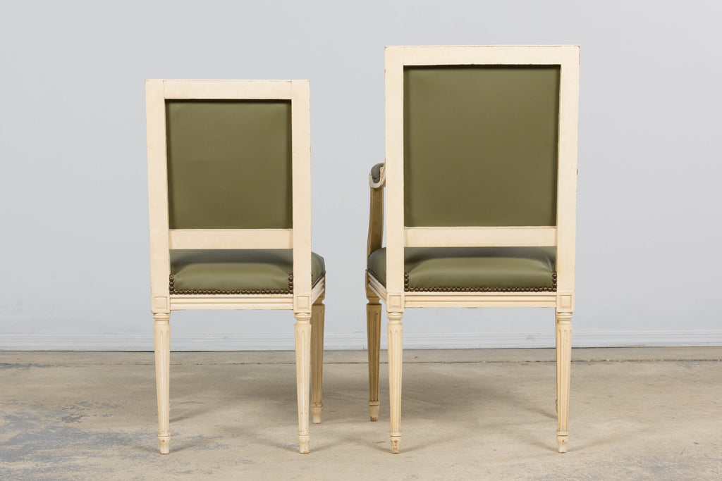 Antique French Louis XVI Style Painted Dining Chairs in Olive Green Leather - Set of 8