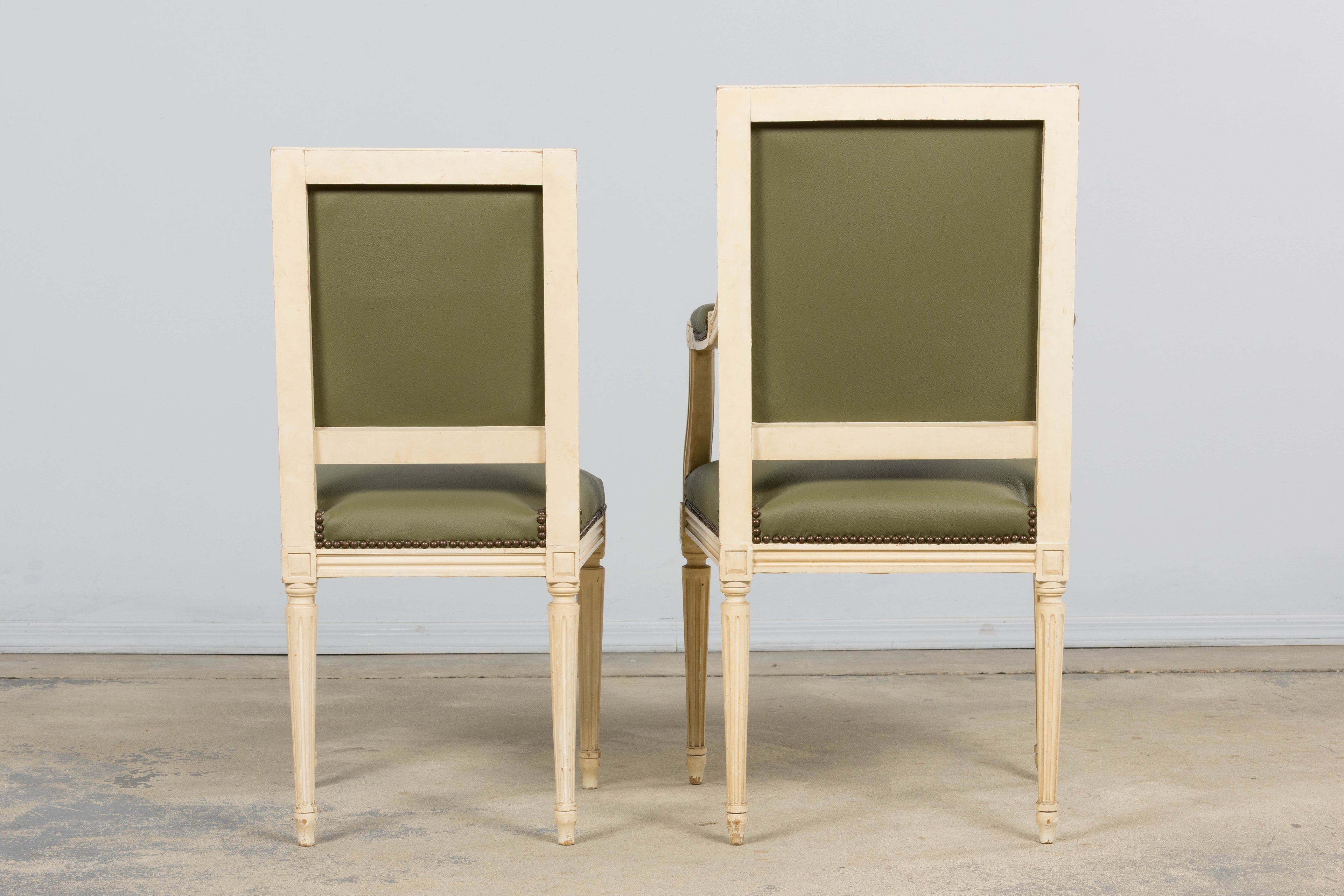 Antique French Louis XVI Style Painted Dining Chairs in Olive Green Leather - Set of 8