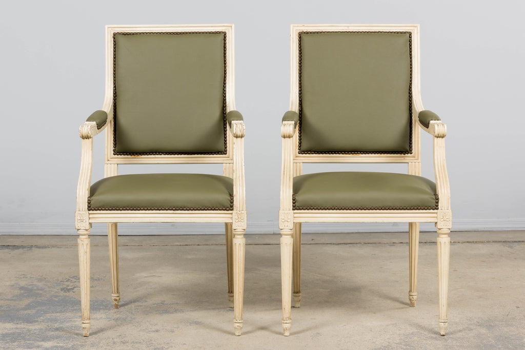 Antique French Louis XVI Style Painted Dining Chairs in Olive Green Leather - Set of 8