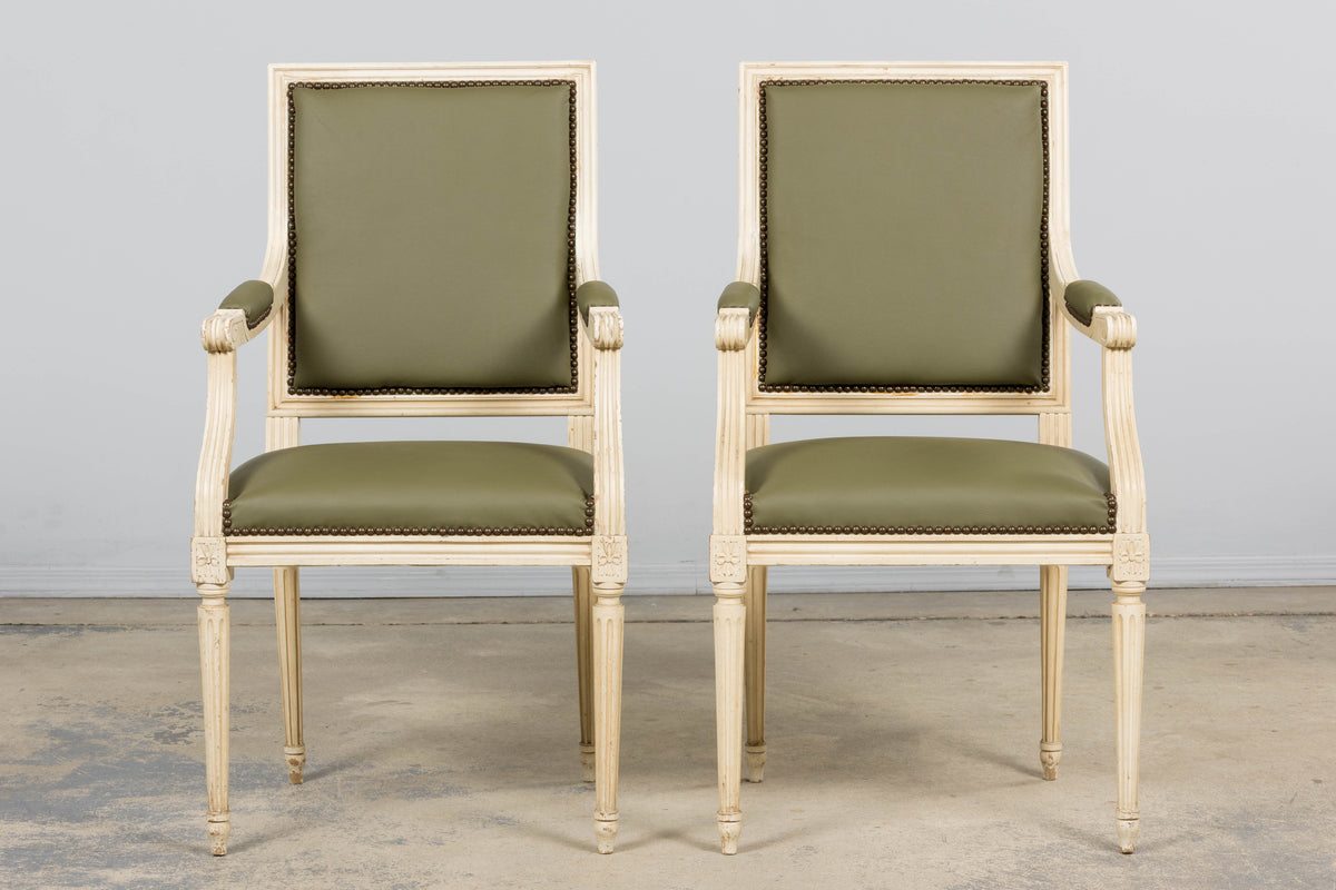 Antique French Louis XVI Style Painted Dining Chairs in Olive Green Leather - Set of 8