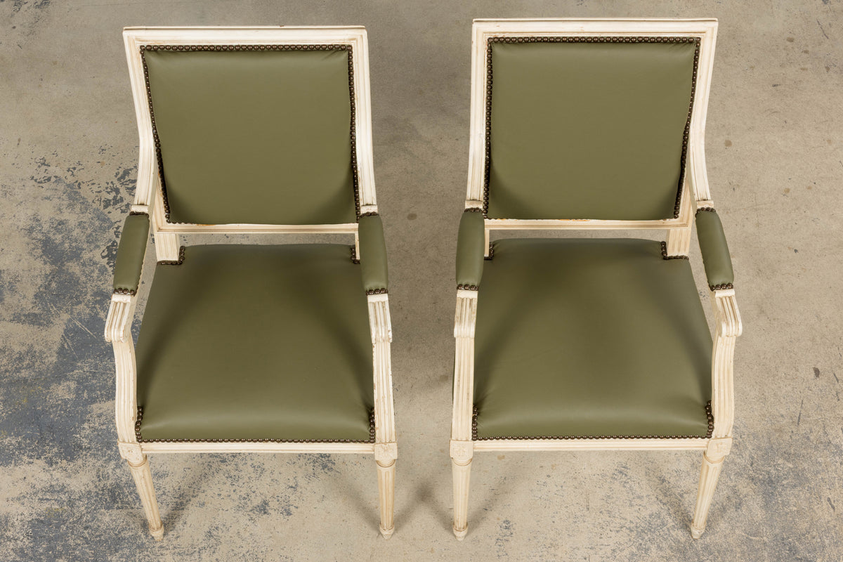 Antique French Louis XVI Style Painted Dining Chairs in Olive Green Leather - Set of 8