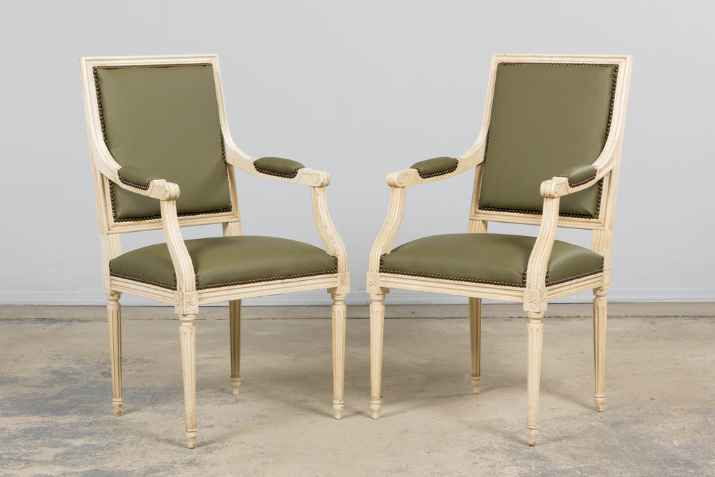 Antique French Louis XVI Style Painted Dining Chairs in Olive Green Leather - Set of 8