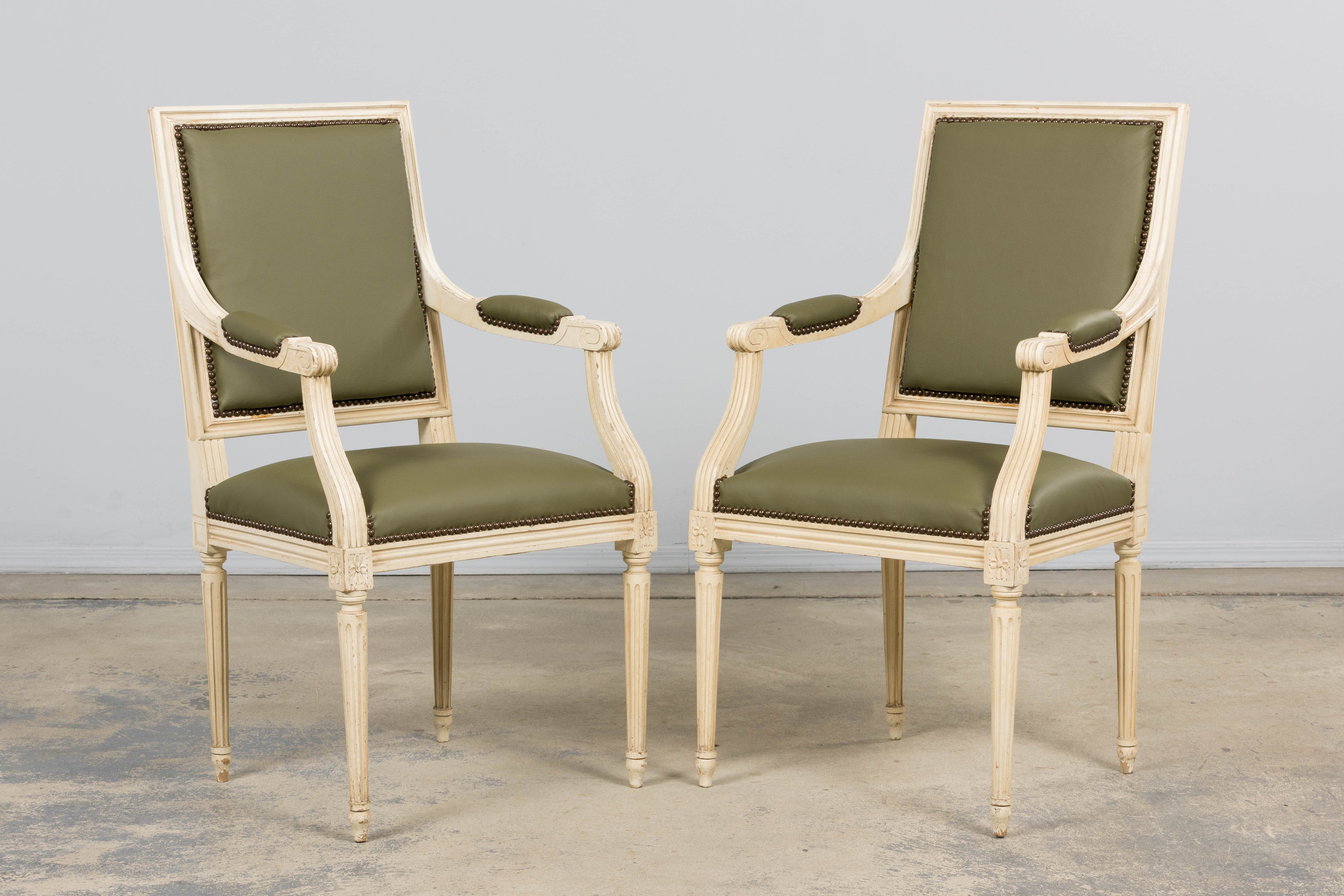 Antique French Louis XVI Style Painted Dining Chairs in Olive Green Leather - Set of 8
