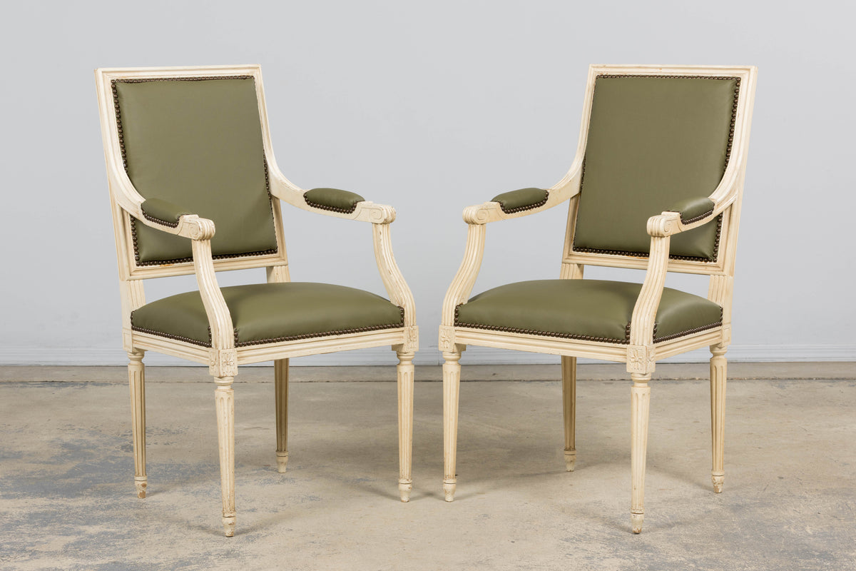 Antique French Louis XVI Style Painted Dining Chairs in Olive Green Leather - Set of 8