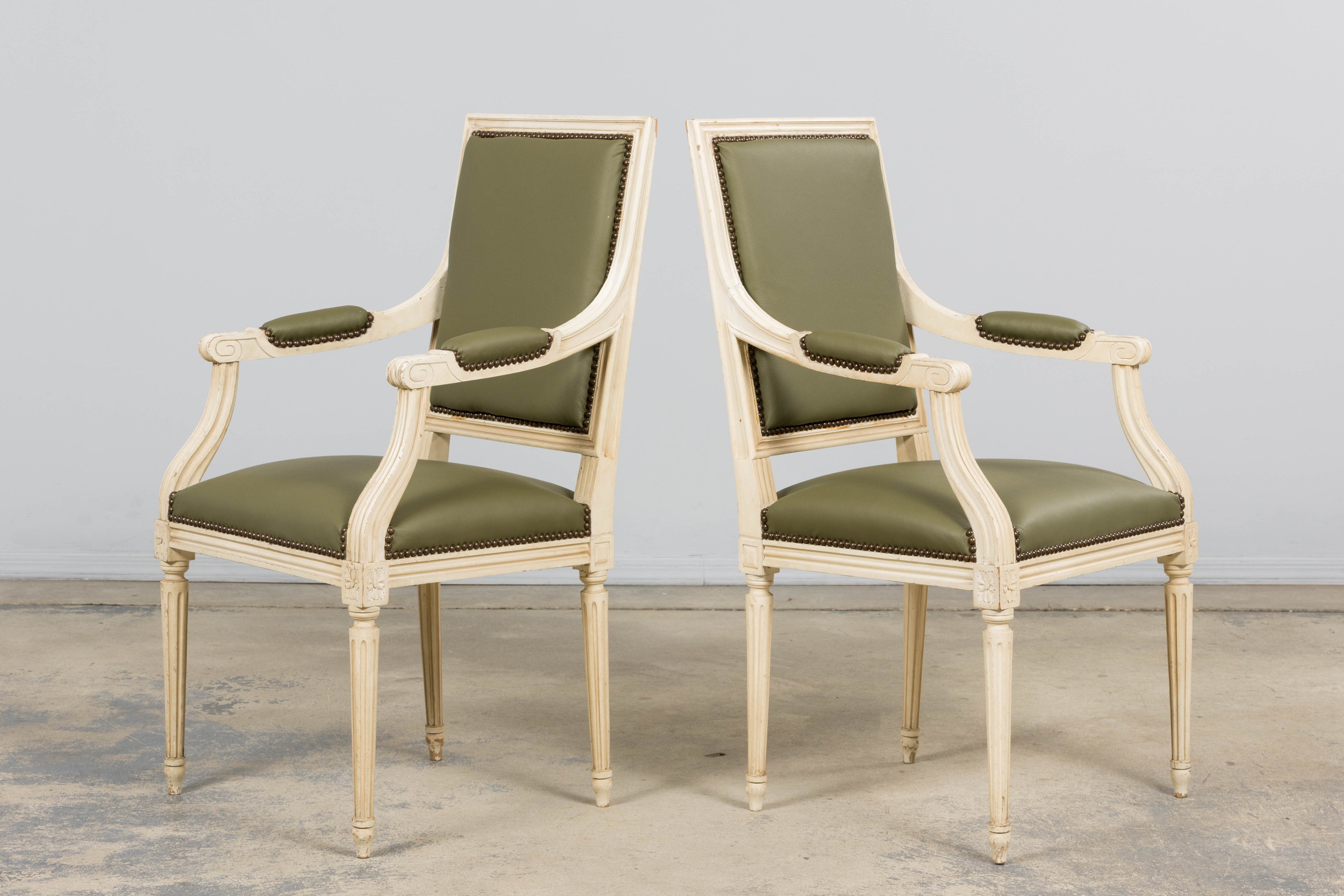 Antique French Louis XVI Style Painted Dining Chairs in Olive Green Leather - Set of 8