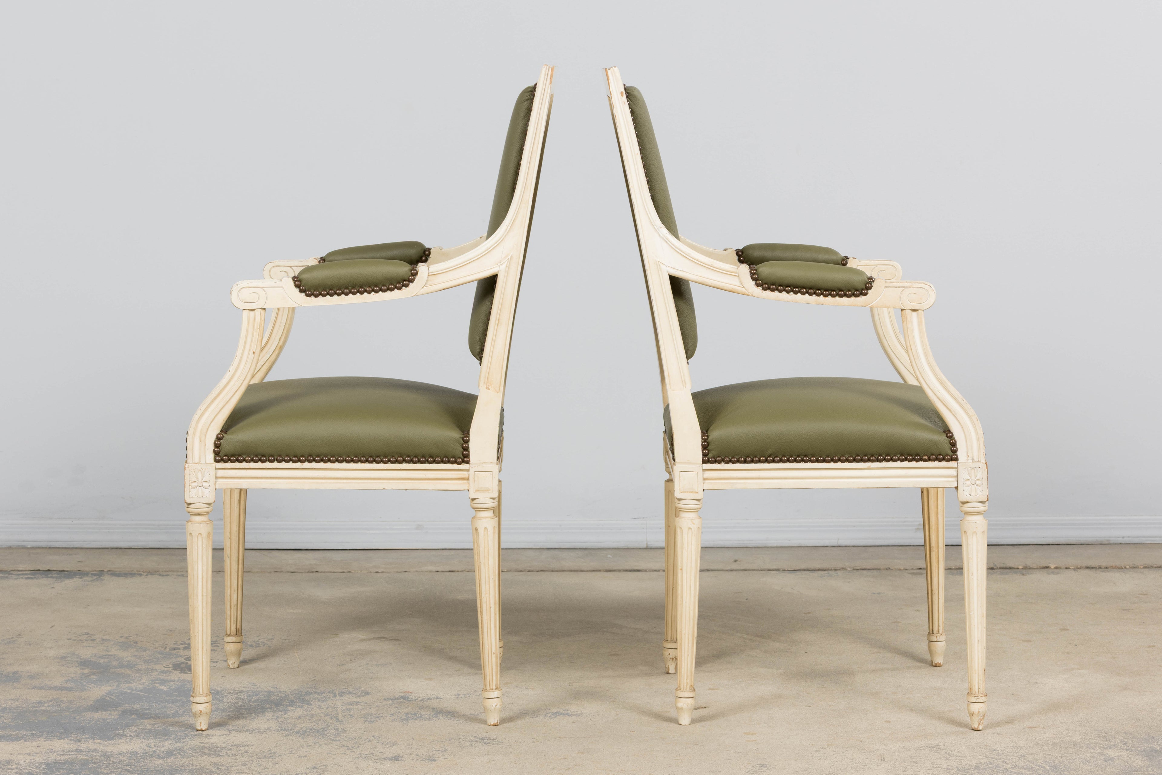 Antique French Louis XVI Style Painted Dining Chairs in Olive Green Leather - Set of 8