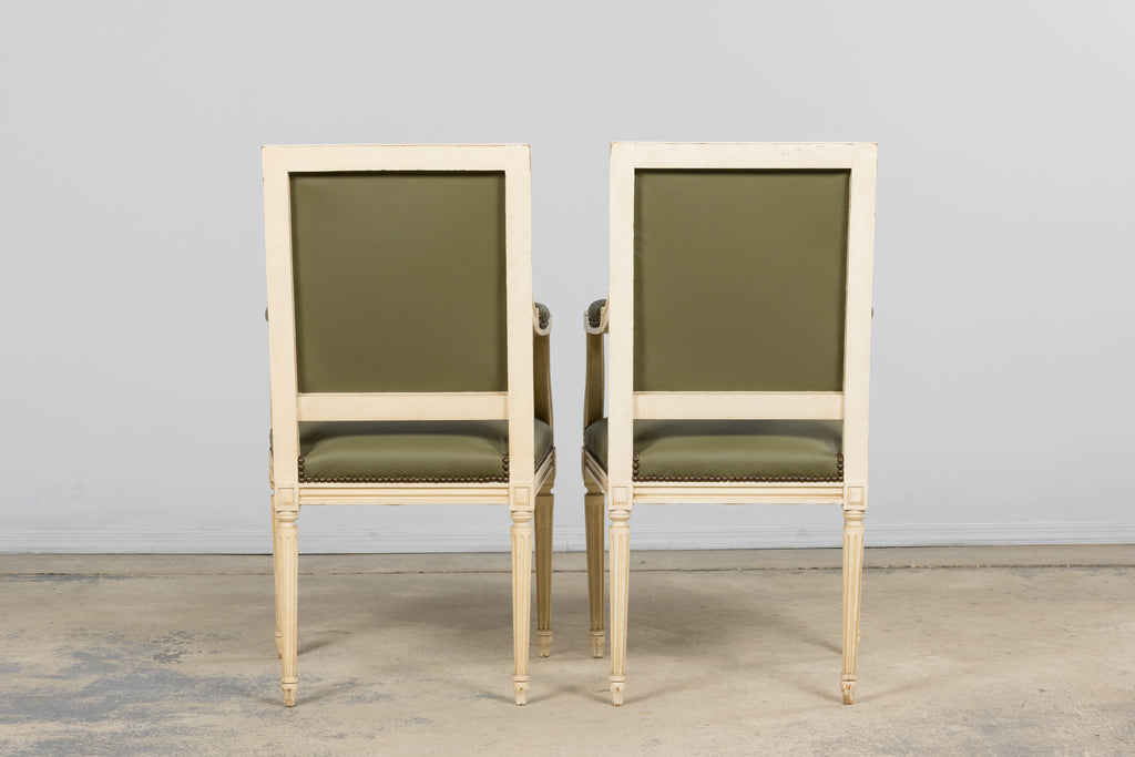 Antique French Louis XVI Style Painted Dining Chairs in Olive Green Leather - Set of 8