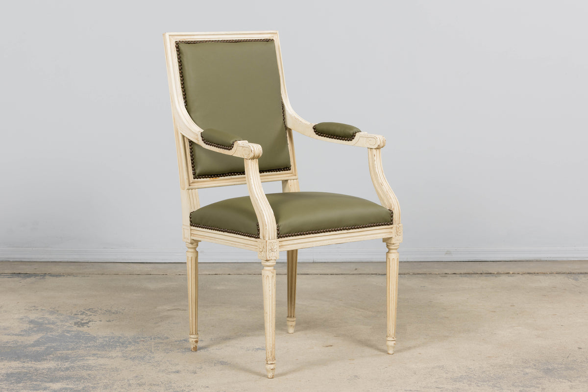 Antique French Louis XVI Style Painted Dining Chairs in Olive Green Leather - Set of 8