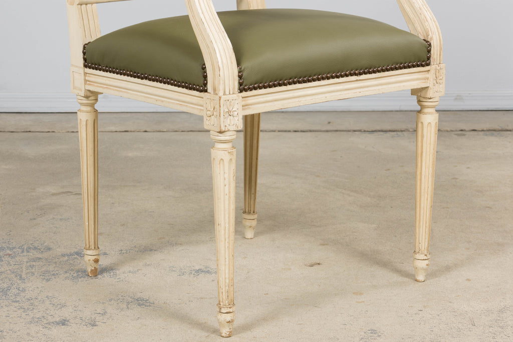 Antique French Louis XVI Style Painted Dining Chairs in Olive Green Leather - Set of 8