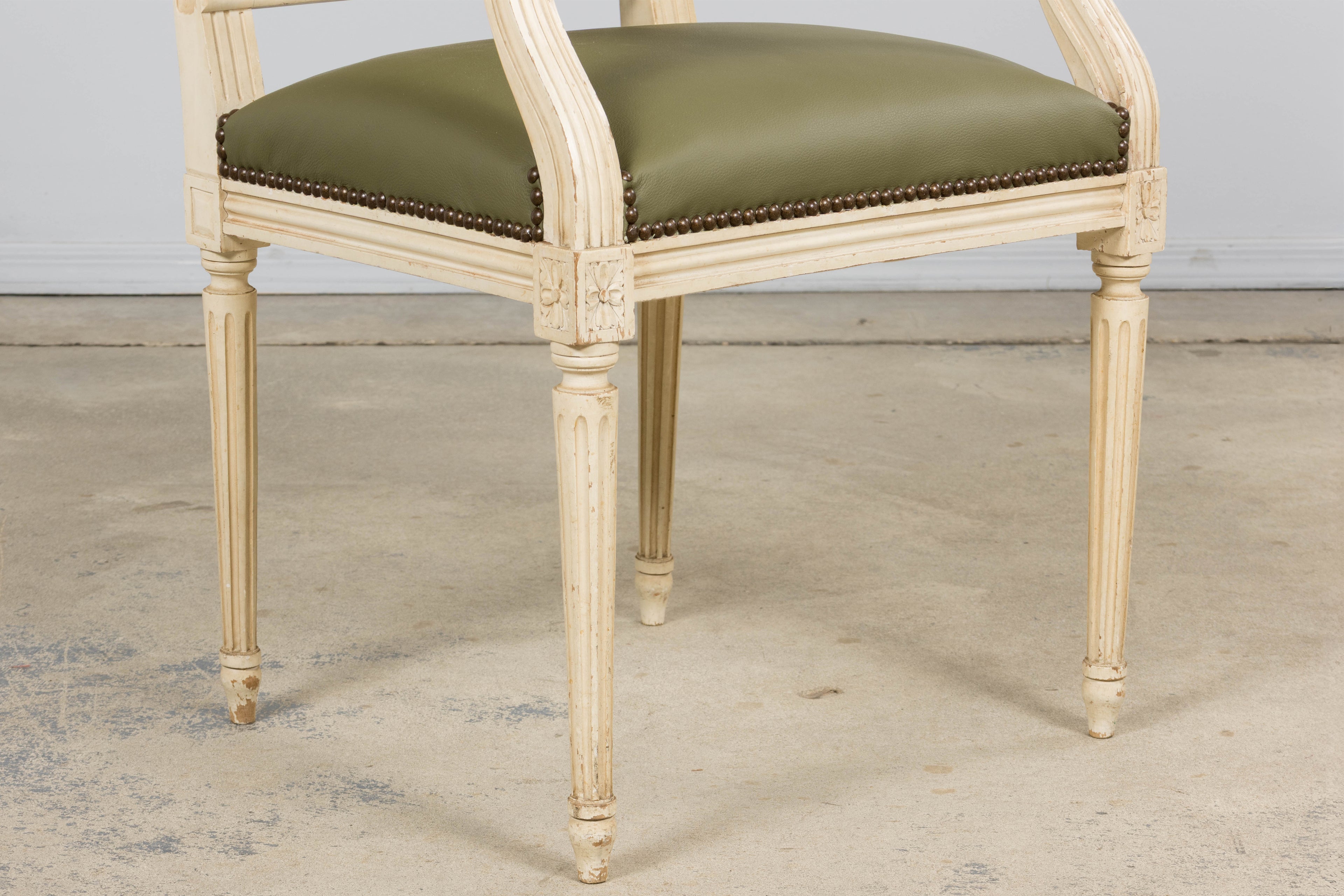 Antique French Louis XVI Style Painted Dining Chairs in Olive Green Leather - Set of 8