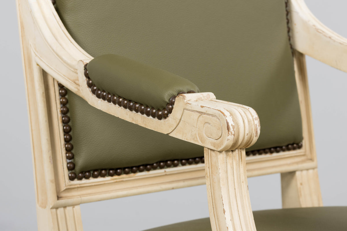 Antique French Louis XVI Style Painted Dining Chairs in Olive Green Leather - Set of 8