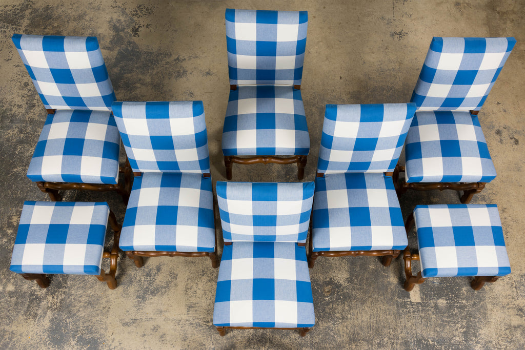 French Louis XIII Style Os De Mouton Walnut Dining Chairs W/ Tabourets in Blue Plaid - Set of 8