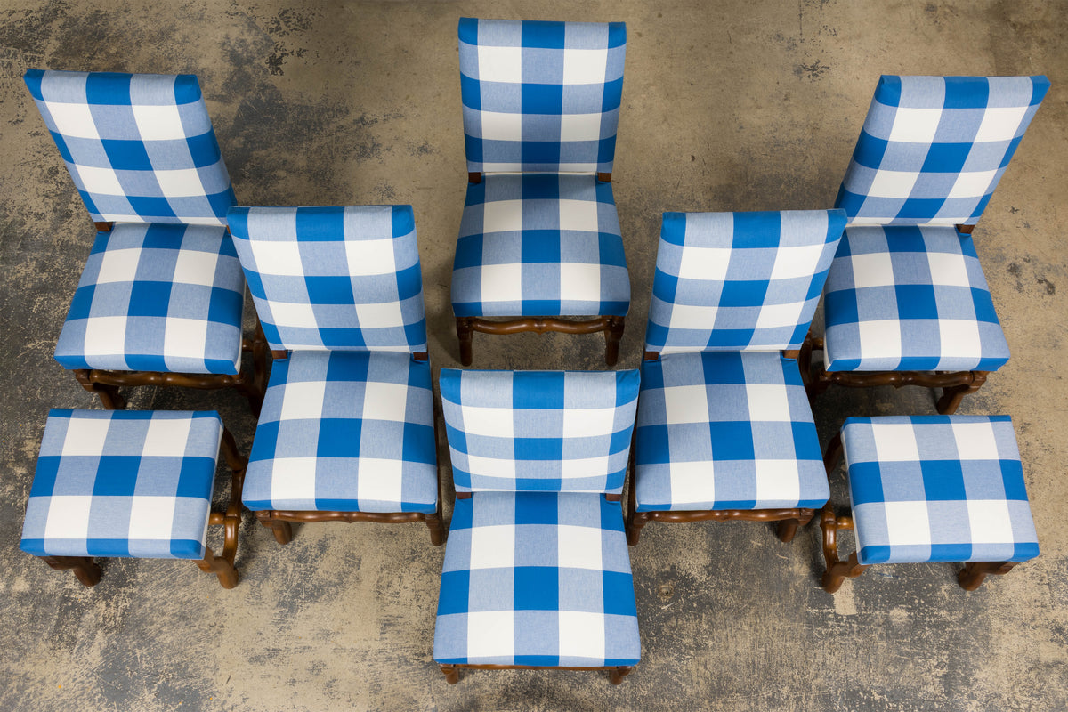 French Louis XIII Style Os De Mouton Walnut Dining Chairs W/ Tabourets in Blue Plaid - Set of 8