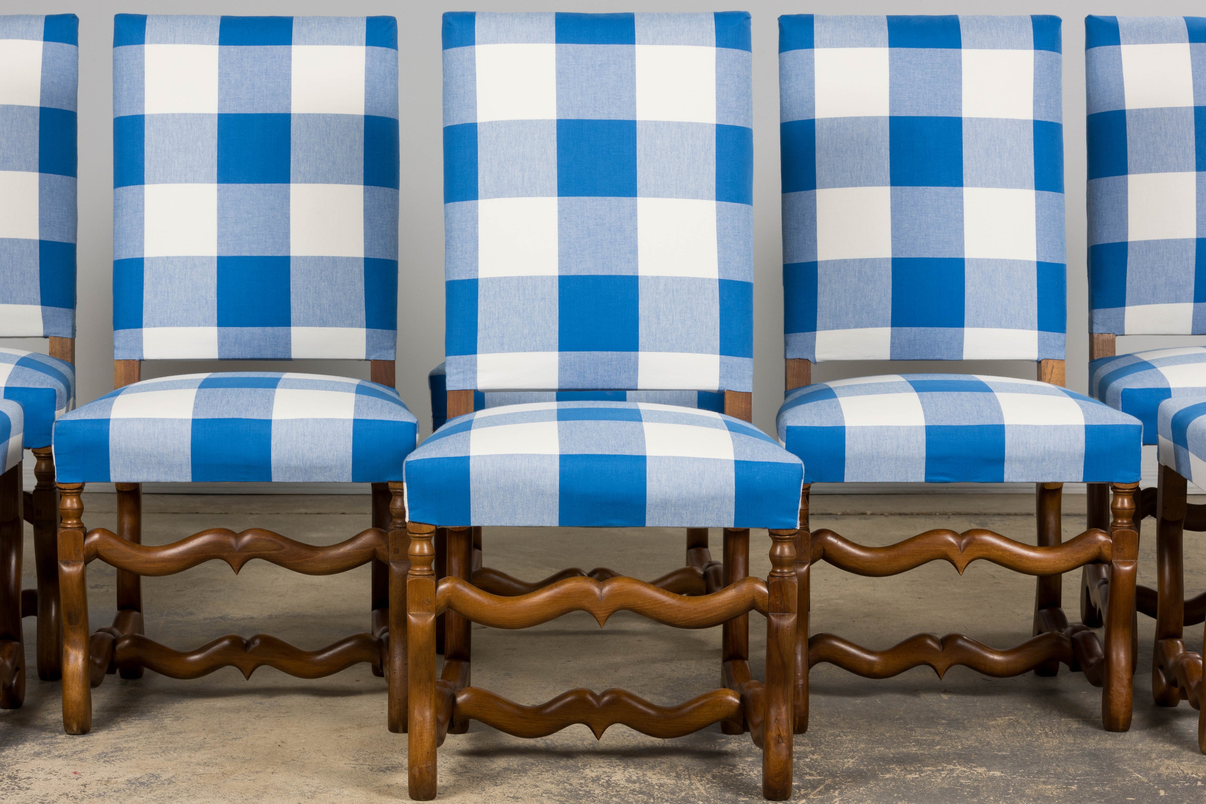 French Louis XIII Style Os De Mouton Walnut Dining Chairs W/ Tabourets in Blue Plaid - Set of 8