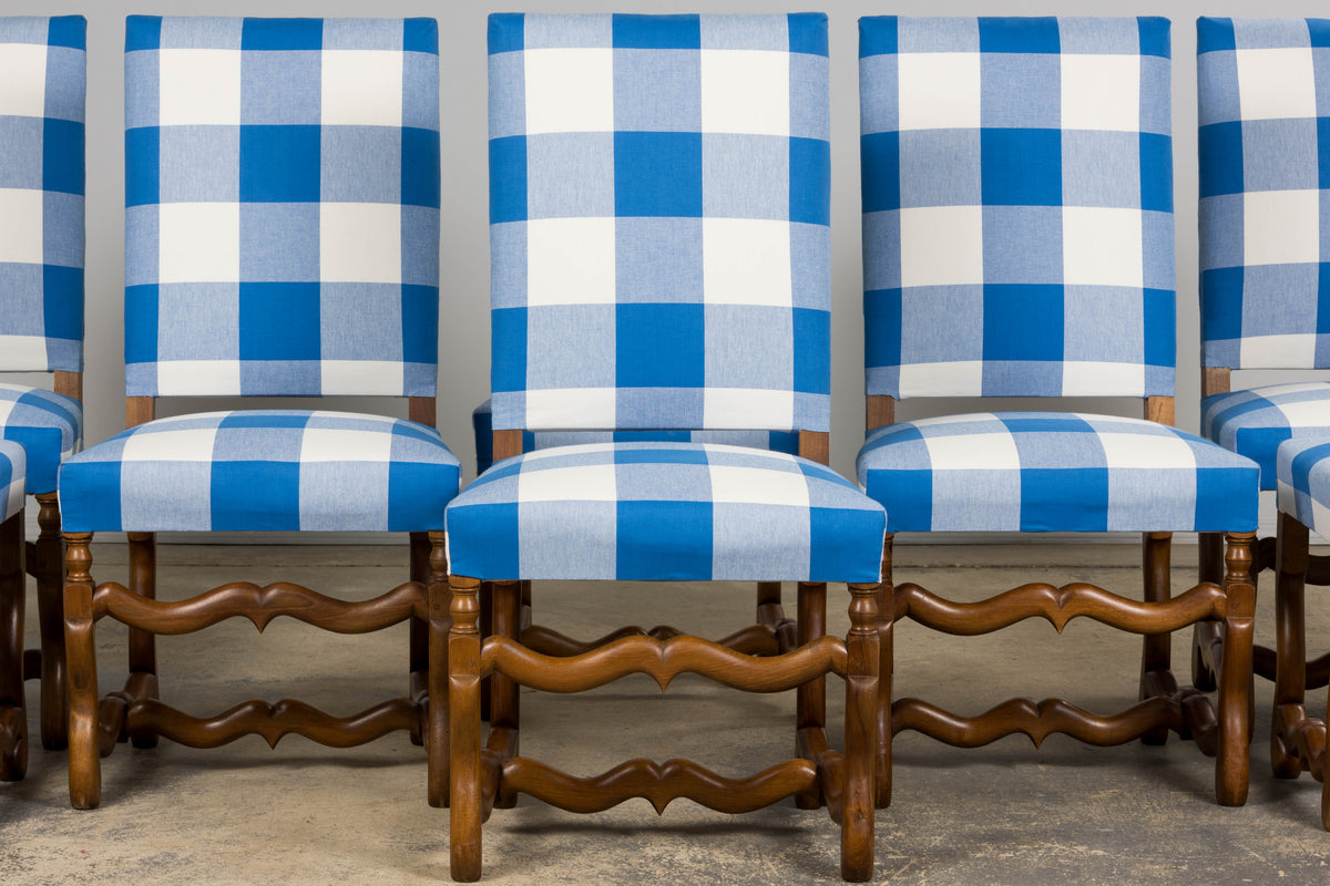 French Louis XIII Style Os De Mouton Walnut Dining Chairs W/ Tabourets in Blue Plaid - Set of 8