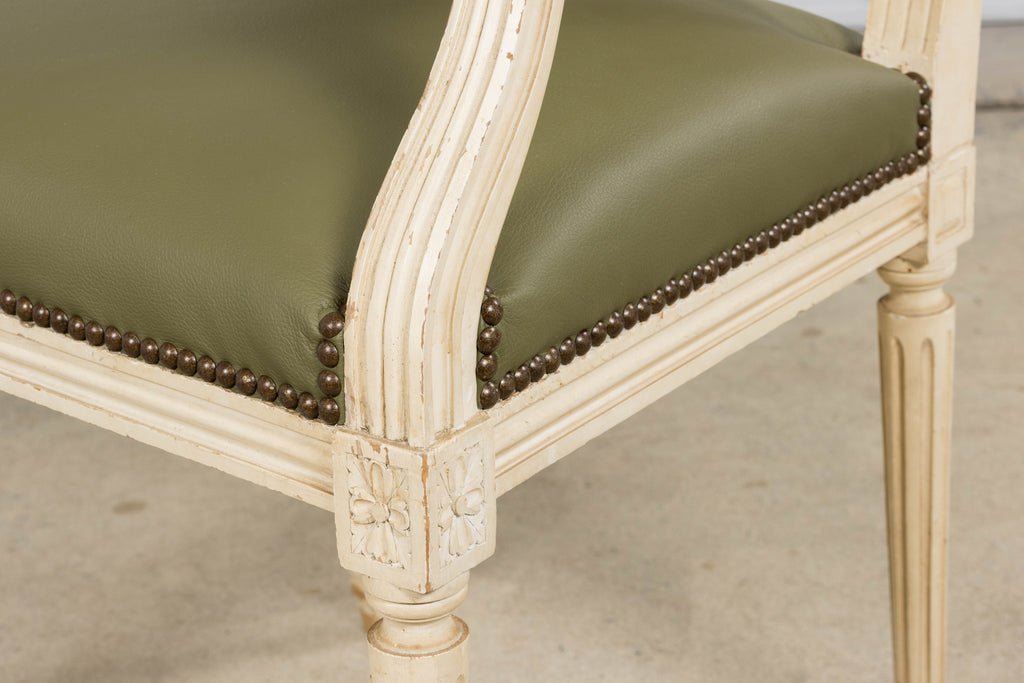 Antique French Louis XVI Style Painted Dining Chairs in Olive Green Leather - Set of 8