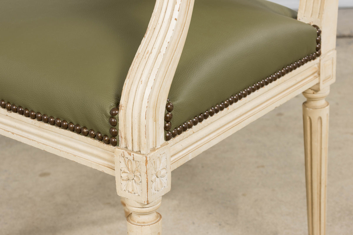 Antique French Louis XVI Style Painted Dining Chairs in Olive Green Leather - Set of 8