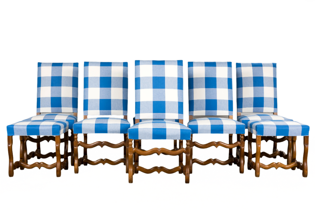 French Louis XIII Style Os De Mouton Walnut Dining Chairs W/ Tabourets in Blue Plaid - Set of 8