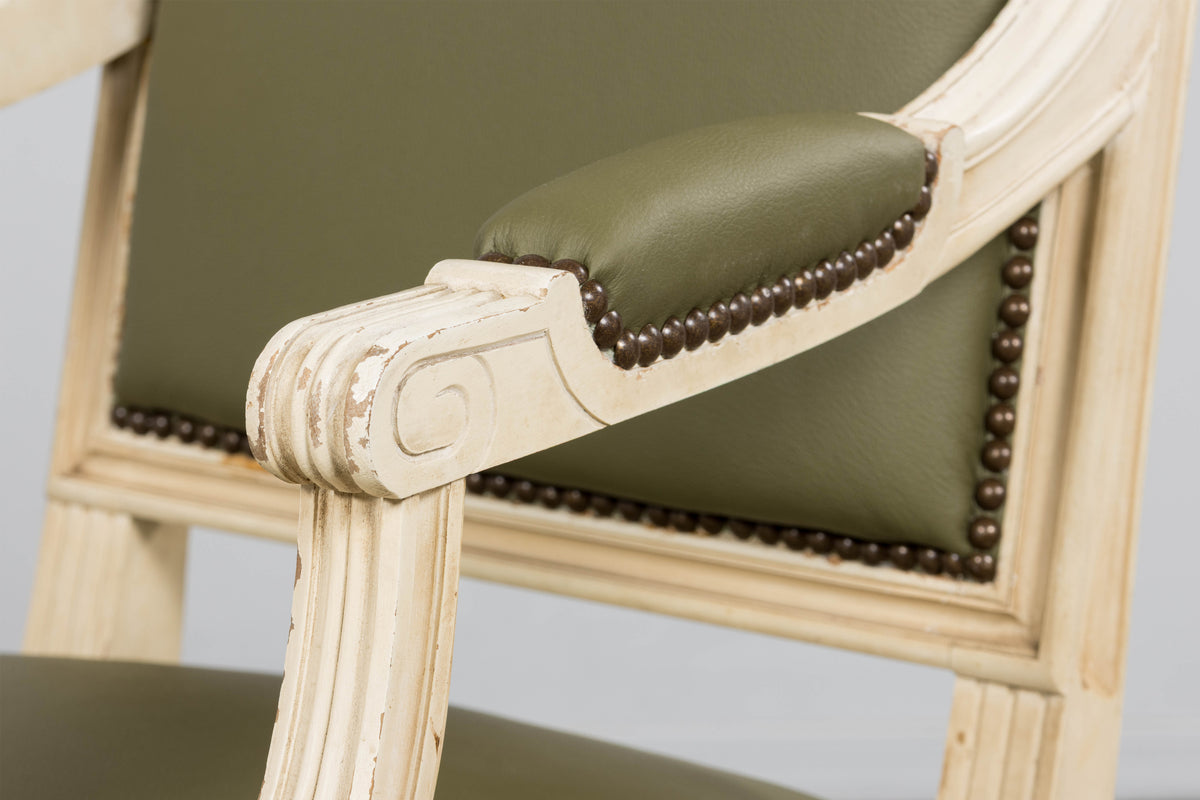 Antique French Louis XVI Style Painted Dining Chairs in Olive Green Leather - Set of 8