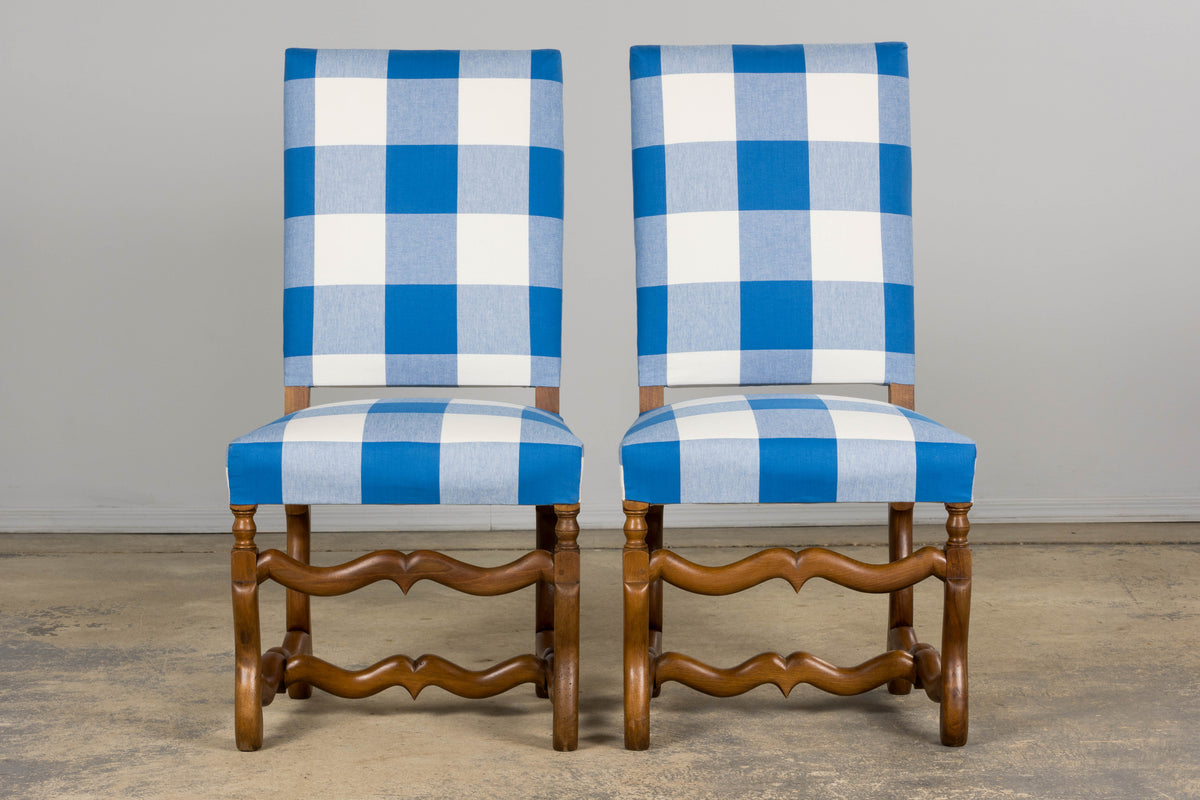 French Louis XIII Style Os De Mouton Walnut Dining Chairs W/ Tabourets in Blue Plaid - Set of 8