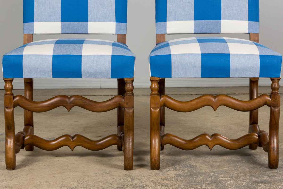 French Louis XIII Style Os De Mouton Walnut Dining Chairs W/ Tabourets in Blue Plaid - Set of 8