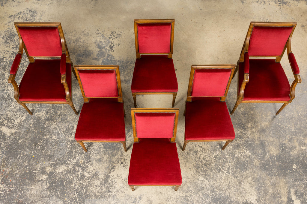 French Louis XVI Style Dining Chairs W/ Red Velvet - Set of 6