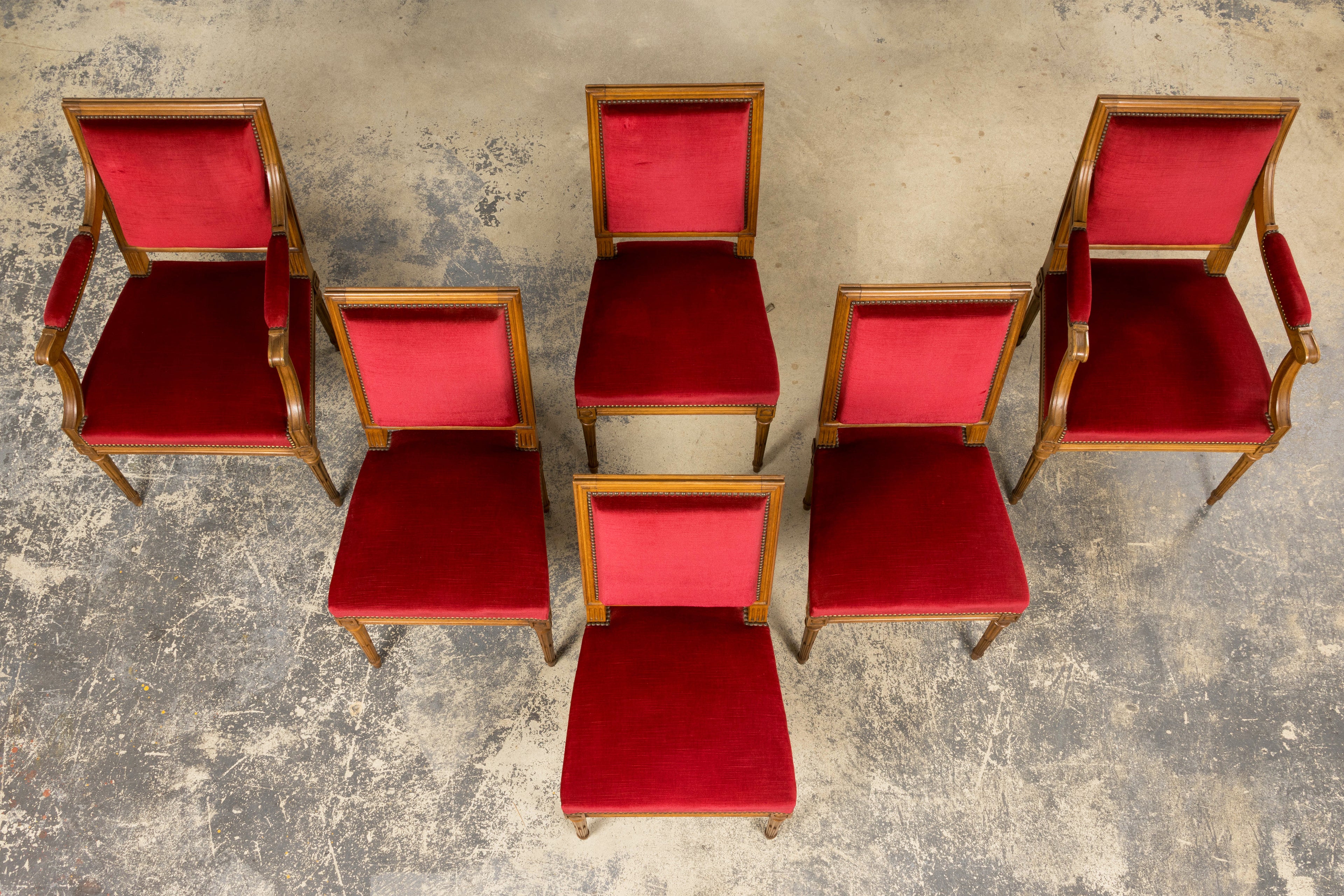 French Louis XVI Style Dining Chairs W/ Red Velvet - Set of 6