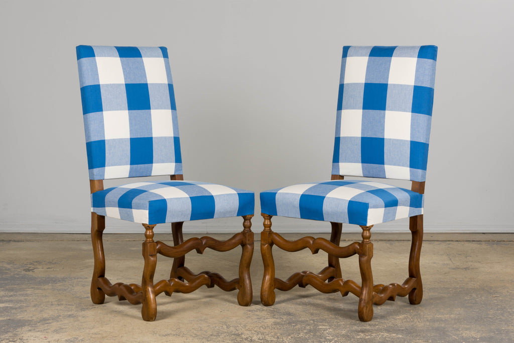 French Louis XIII Style Os De Mouton Walnut Dining Chairs W/ Tabourets in Blue Plaid - Set of 8