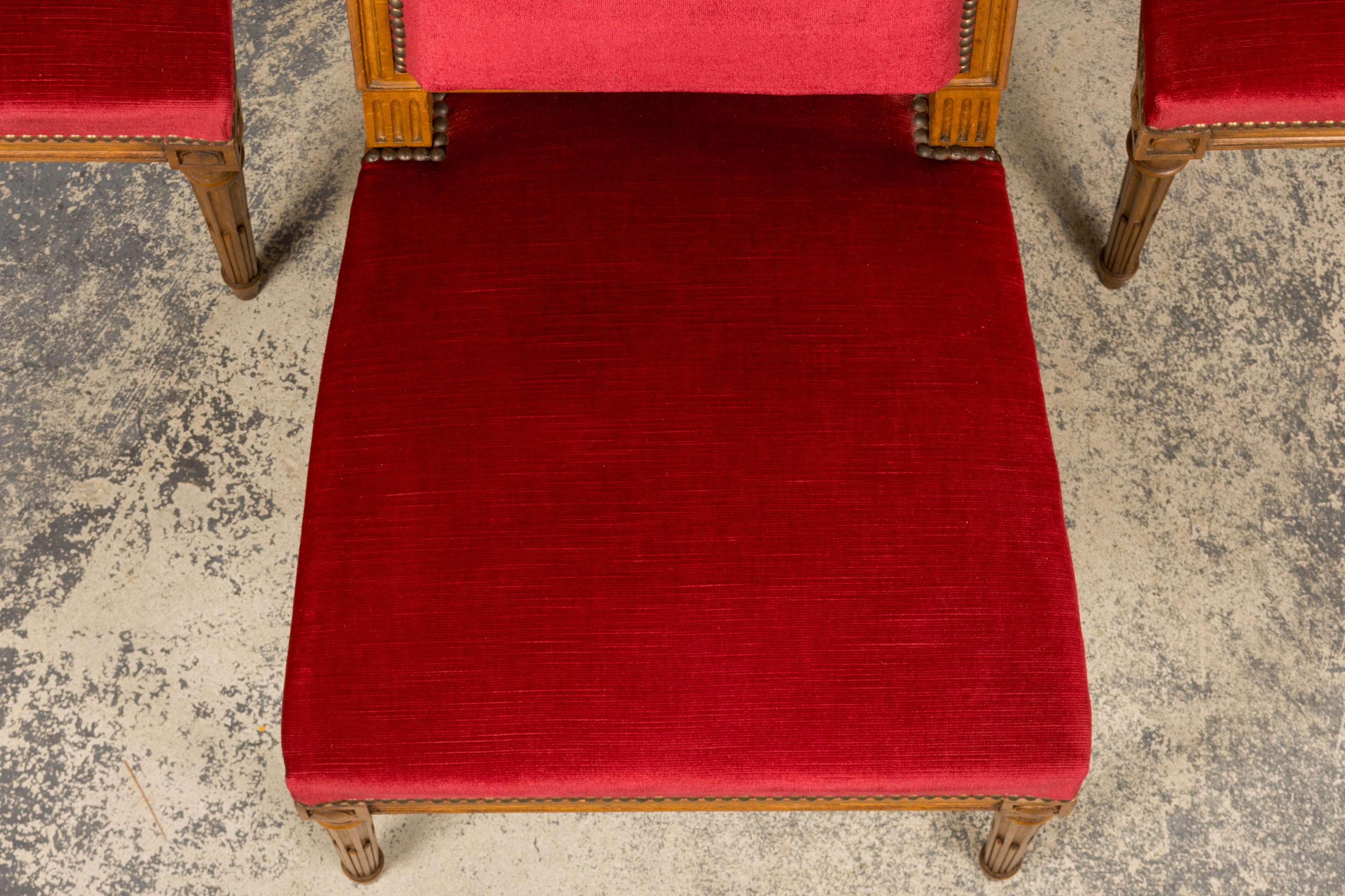 French Louis XVI Style Dining Chairs W/ Red Velvet - Set of 6