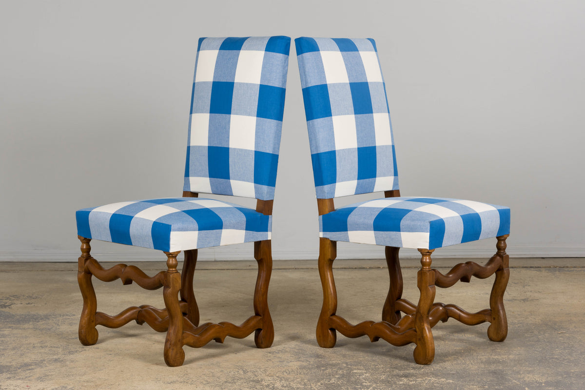 French Louis XIII Style Os De Mouton Walnut Dining Chairs W/ Tabourets in Blue Plaid - Set of 8