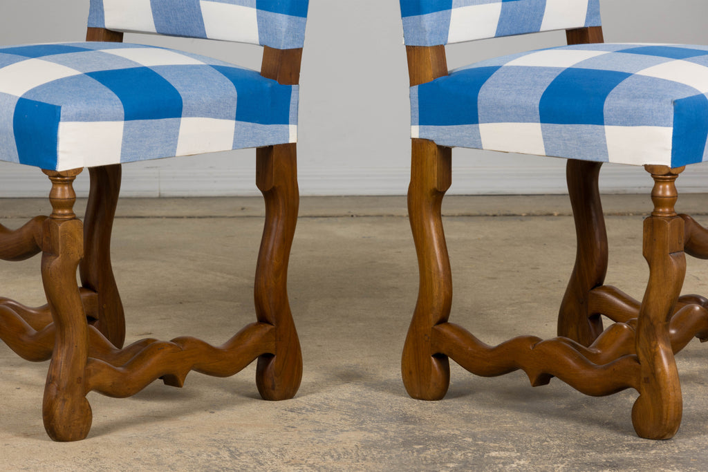 French Louis XIII Style Os De Mouton Walnut Dining Chairs W/ Tabourets in Blue Plaid - Set of 8
