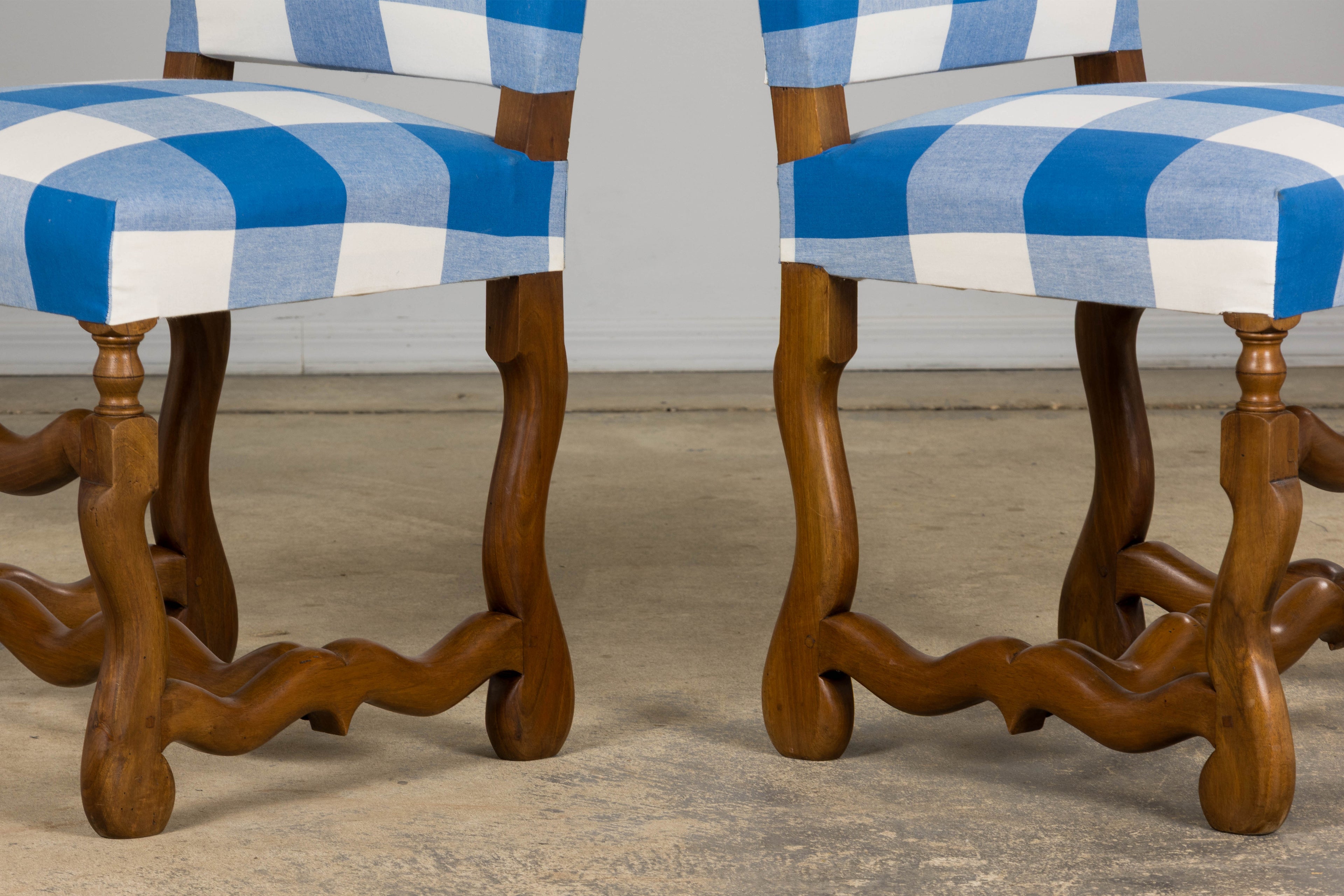 French Louis XIII Style Os De Mouton Walnut Dining Chairs W/ Tabourets in Blue Plaid - Set of 8